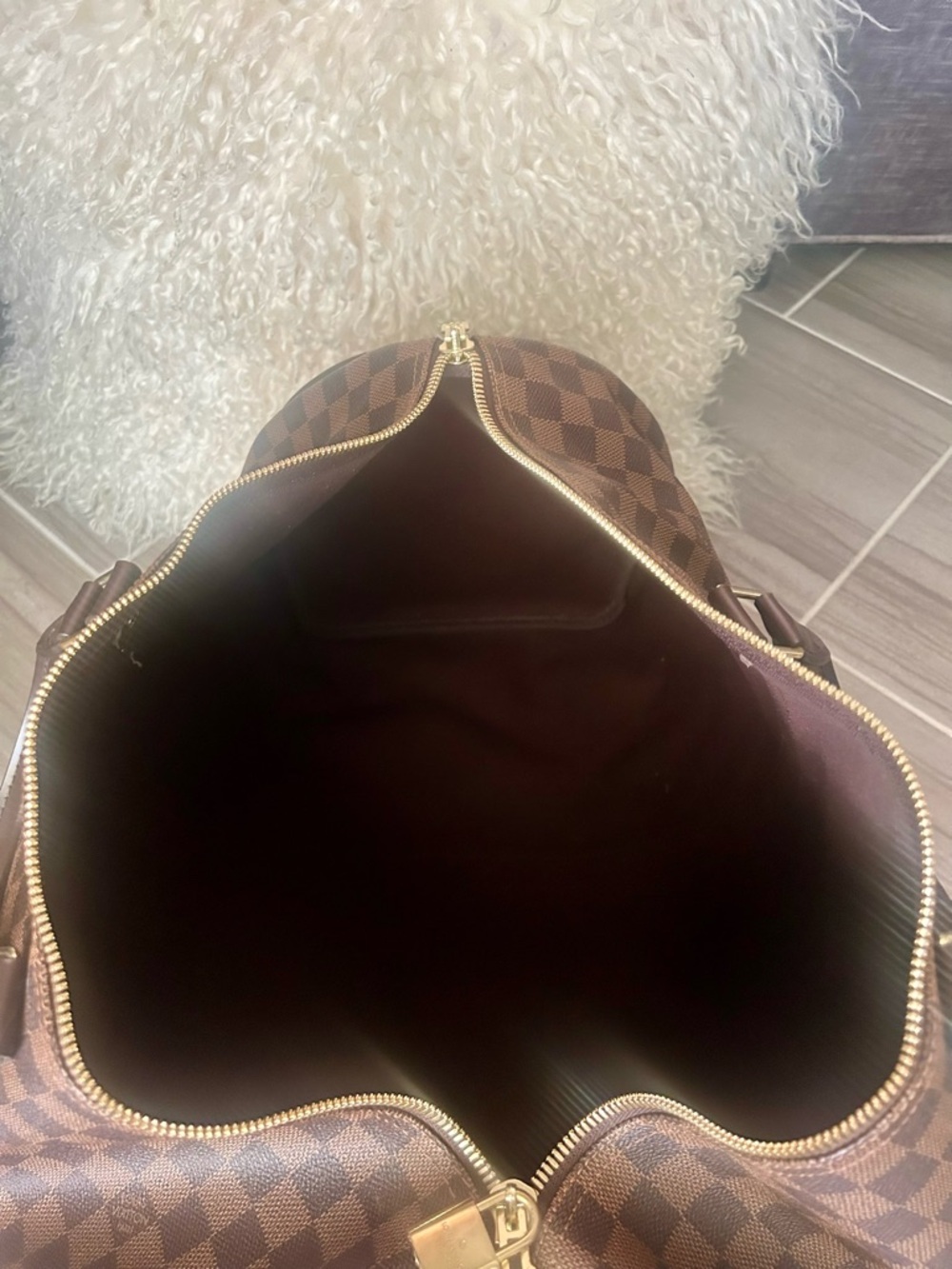 Authentic Louis Vuitton Keepall Ebene Duffle Bag with Gold Hardware